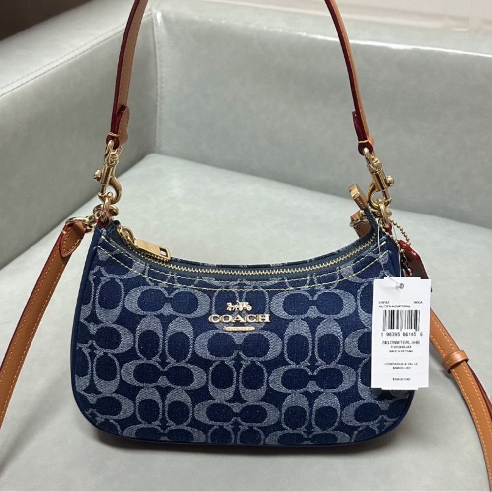 Coach Navy Signature Denim Mini Hobo with Tan Leather Strap
